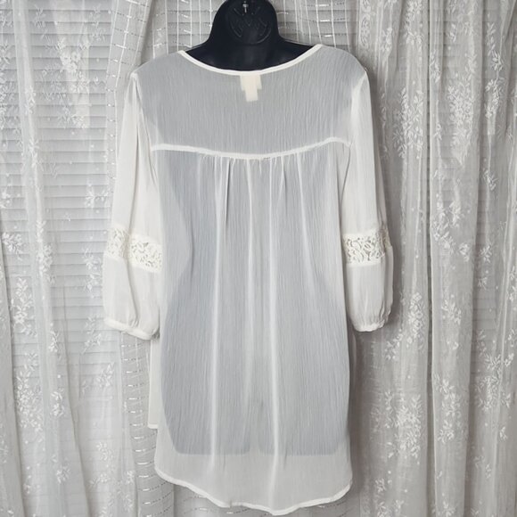 White Chiffon & Lace 3/4 Sleeve Flowy Boho Hippie Cottage Core Peasant Top SzLg - Picture 2 of 8